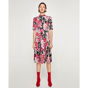 Zara High Neck Pink Floral Print Elbow Sleeve Tie Back Midi Dress Size Small